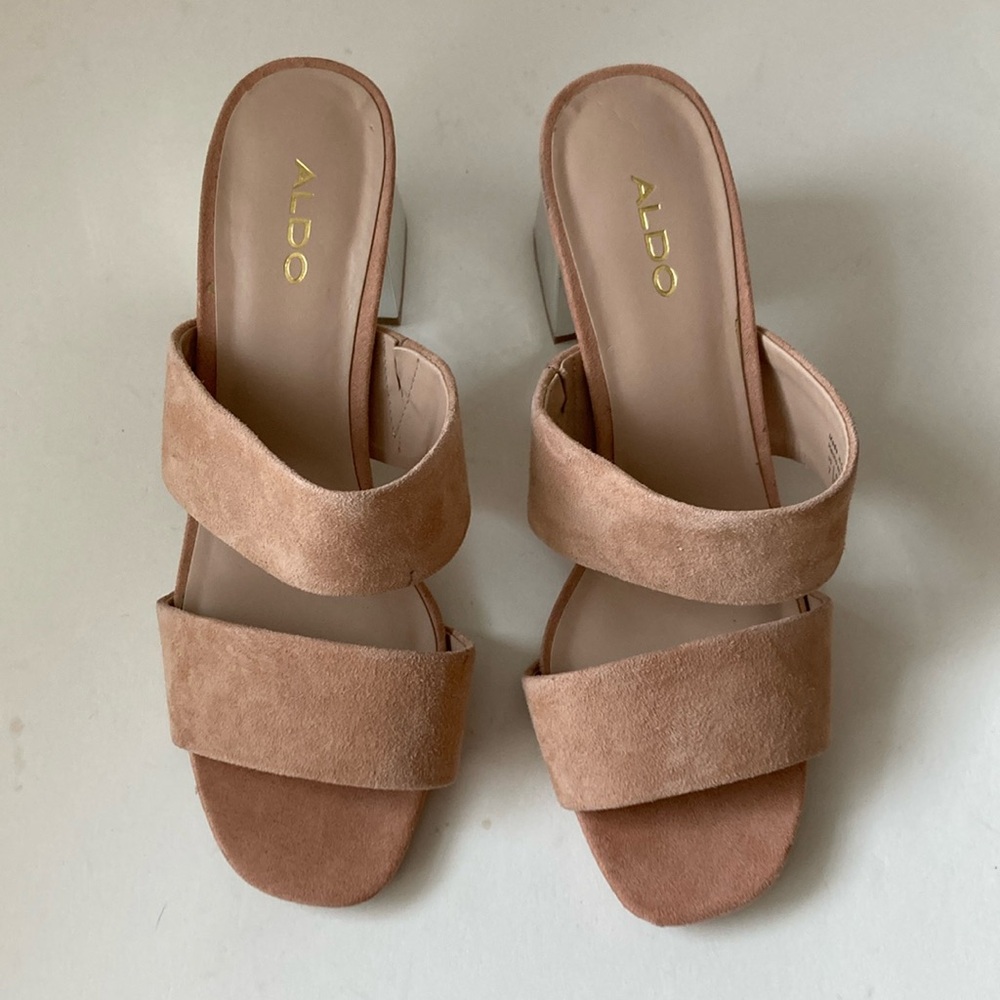 Aldo Tan suede heels with Modern Minimalist Design. Silver reflective heels